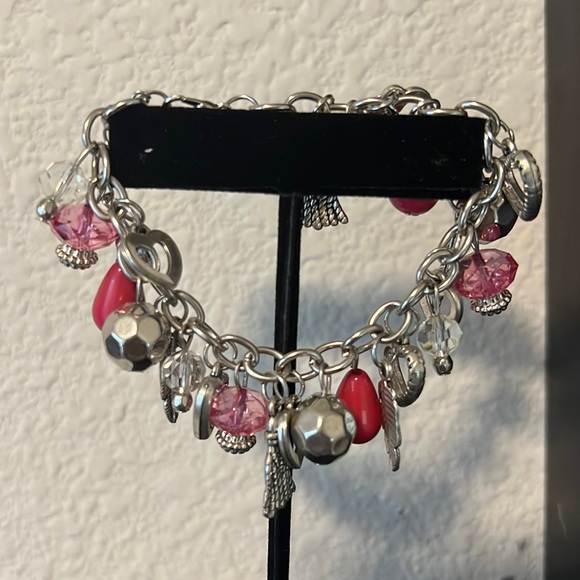 Charm bracelet pink and silver charms. - Picture 5 of 6